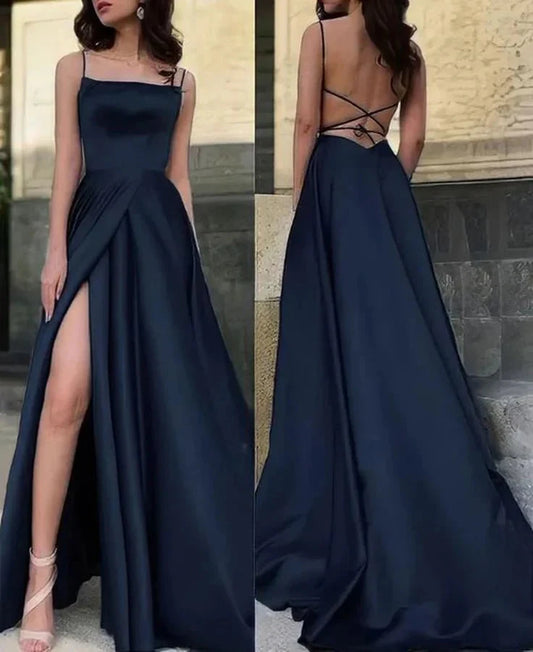 Classy A Line Spaghetti Straps Navy Blue Slit Formal Prom Gown Summer Wedding Guest Dress Bridal Guest Dresses Wedding Outfits For Guest simple gentle atmospheric and unique desi Bring summer colors to enhance whiteness by YiHuiw