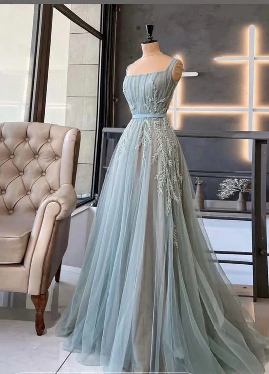 Classy A Line Square Neck Sleeveless Light Sky Blue Tulle Formal Long Prom Gown Summer Wedding Guest Dress Bridal Guest Dresses Wedding Outfits For Guest simple gentle atmospheric and unique desi Bring summer colors to enhance whiteness by YiHuiw