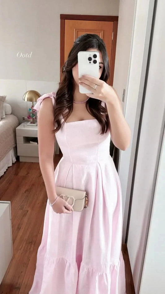 Classy A Line Straps Pink Long Formal Prom Gown Summer Wedding Guest Dress Bridal Guest Dresses Wedding Outfits For Guest by YiHuiw