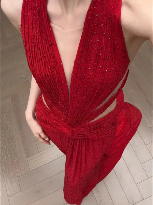 Classy A Line V Neck Red Long Prom Gown Summer Wedding Guest Dress Bridal Guest Dresses Wedding Outfits For Guest simple gentle atmospheric and unique desi Bring summer colors to enhance whiteness by YiHuiw
