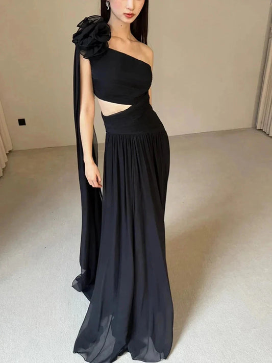 Classy A line One Shoulder Black Chiffon Long Prom Gown Summer Wedding Guest Dress Bridal Guest Dresses Wedding Outfits For Guest simple gentle atmospheric and unique desi Bring summer colors to enhance whiteness by YiHuiw
