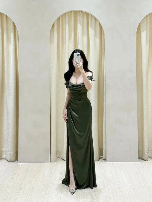 Classy Mermaid Off The Shoulder Green Slit Long Prom Gown Summer Wedding Guest Dress Bridal Guest Dresses Wedding Outfits For Guest simple gentle atmospheric and unique desi Bring summer colors to enhance whiteness by YiHuiw