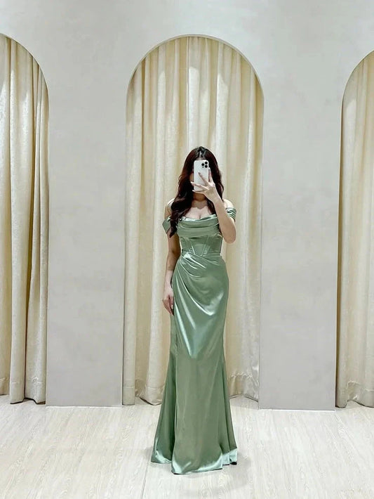 Classy Mermaid Off The Shoulder Sage Green Slit Ruffles Long Prom Gown Summer Wedding Guest Dress Bridal Guest Dresses Wedding Outfits For Guest simple gentle atmospheric and unique desi Bring summer colors to enhance whiteness by YiHuiw