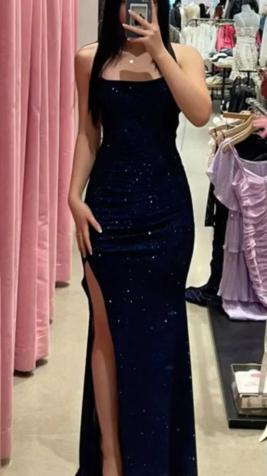 Classy Mermaid Spaghetti Straps Navy Blue Slit Long Prom Dresses Formal Gown Summer Wedding Guest Dress Wedding Outfits For Guest simple gentle atmospheric and unique desi Bring summer colors to enhance whiteness by YiHuiw