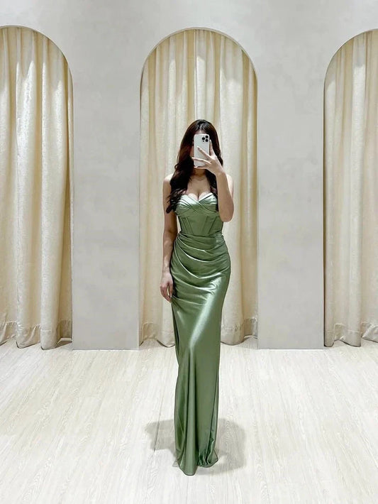 Classy Mermaid Sweetheart Green Satin Long Prom Dresses Formal Gown Summer Wedding Guest Dress Wedding Outfits For Guest simple gentle atmospheric and unique desi Bring summer colors to enhance whiteness by YiHuiw