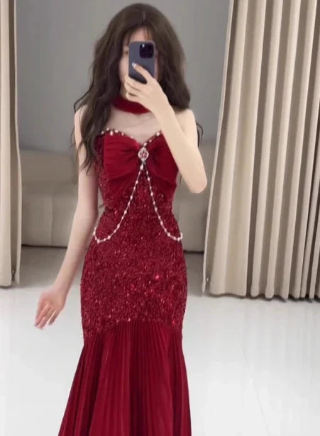 Classy Mermaid Sweetheart Red Sequin Long Prom Dresses Formal Gown Summer Wedding Guest Dresses Wedding Guest Outfit simple gentle atmospheric and unique desi Bring summer colors to enhance whiteness by YiHuiw