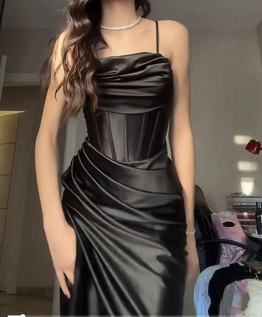 Classy Sheath Spaghetti Straps Black Satin Long Prom Gown Summer Wedding Guest Dress Bridal Guest Dresses Wedding Outfits For Guest simple gentle atmospheric and unique desi Bring summer colors to enhance whiteness by YiHuiw