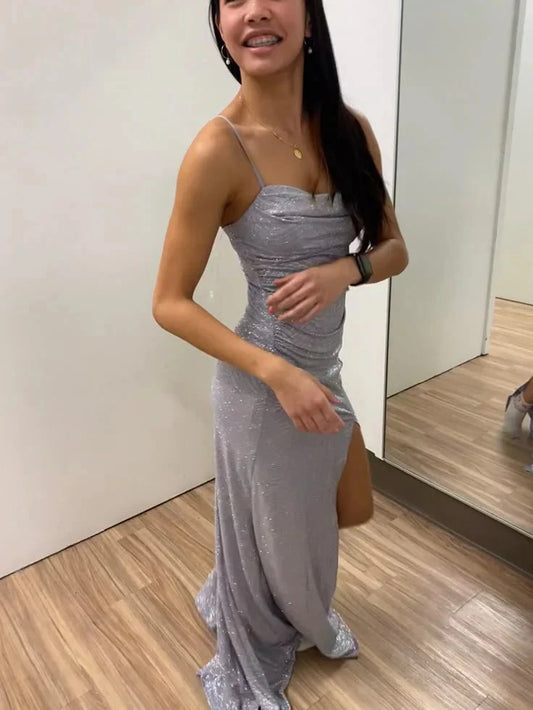 Classy Sheath Spaghetti Straps Lilac Sequin Slit Formal Long Prom Gown Summer Wedding Guest Dress Bridal Guest Dresses Wedding Outfits For Guest simple gentle atmospheric and unique desi Bring summer colors to enhance whiteness by YiHuiw