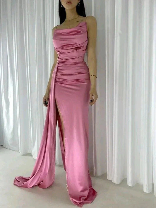 Classy Sheath Spaghetti Straps Pink Slit Satin Formal Long Prom Gown Summer Wedding Guest Dress Bridal Guest Dresses Wedding Outfits For Guest by YiHuiw
