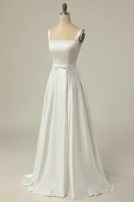 A-Line Square Neck Satin Train Mini Wedding Dress - Yihuiw by Yihuiw
