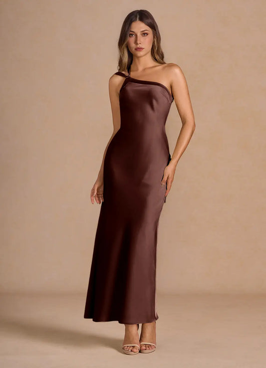 One-Shoulder Satin High Slit Midi Wedding Dress - Yihuiw by Yihuiw