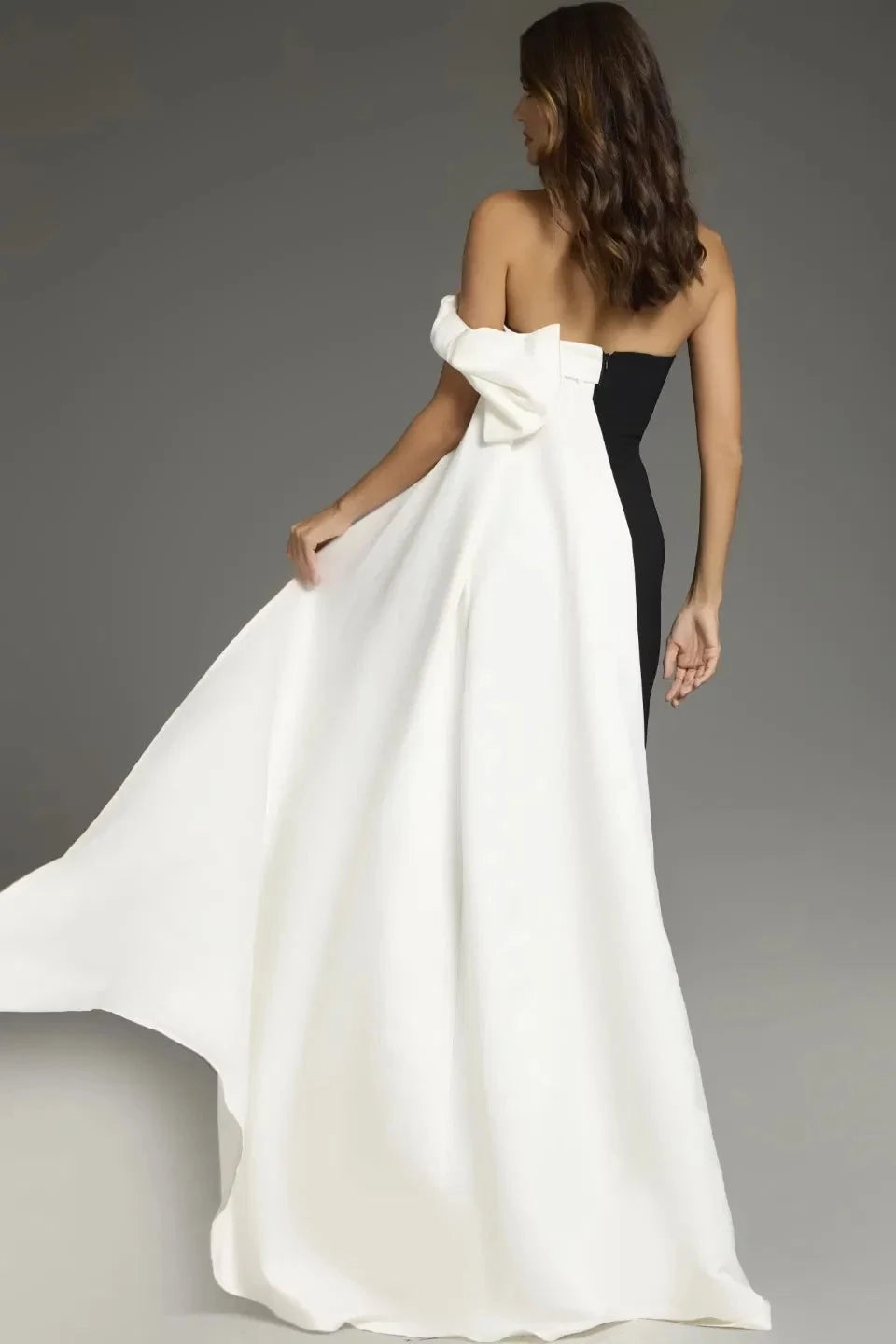 Color-Block Satin Off-the-Shoulder Bow-Accent Sheath Silhouette Asymmetric Train Floor-Length Modern Formal Evening Dress by YiHuiw