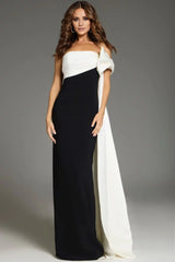 Color-Block Satin Off-the-Shoulder Bow-Accent Sheath Silhouette Asymmetric Train Floor-Length Modern Formal Evening Dress