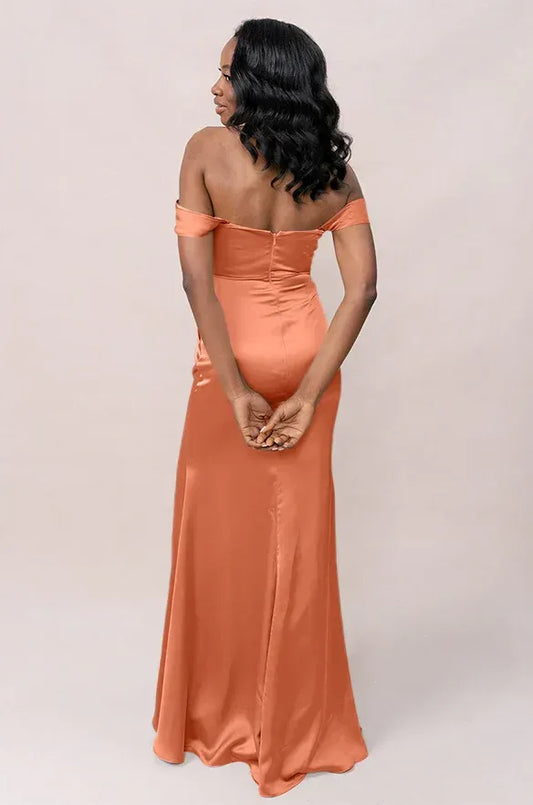 Coral Off-Shoulder Satin High Slit Wedding Dress - Yihuiw by Yihuiw