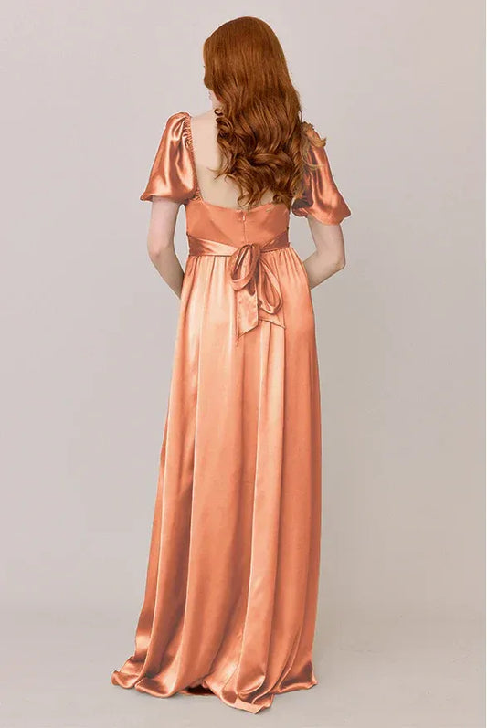 Coral Empire Waist Square Neck Satin Puff Sleeve Wedding Dress - Yihuiw by Yihuiw
