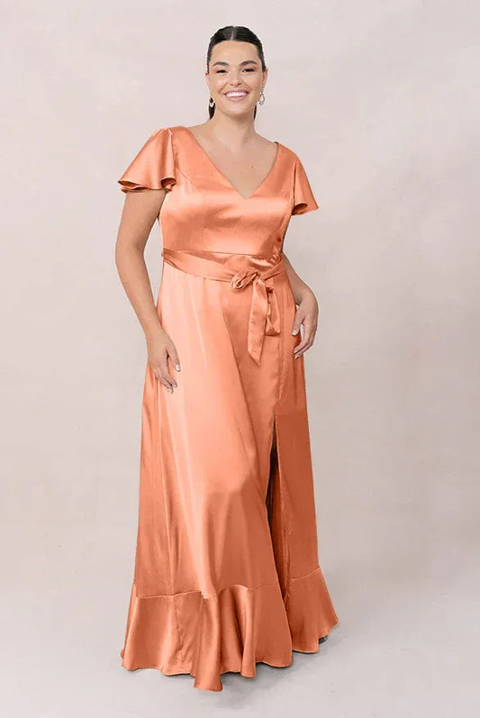 Coral V-Neck Satin Ruffled Wedding Dress - Yihuiw by Yihuiw
