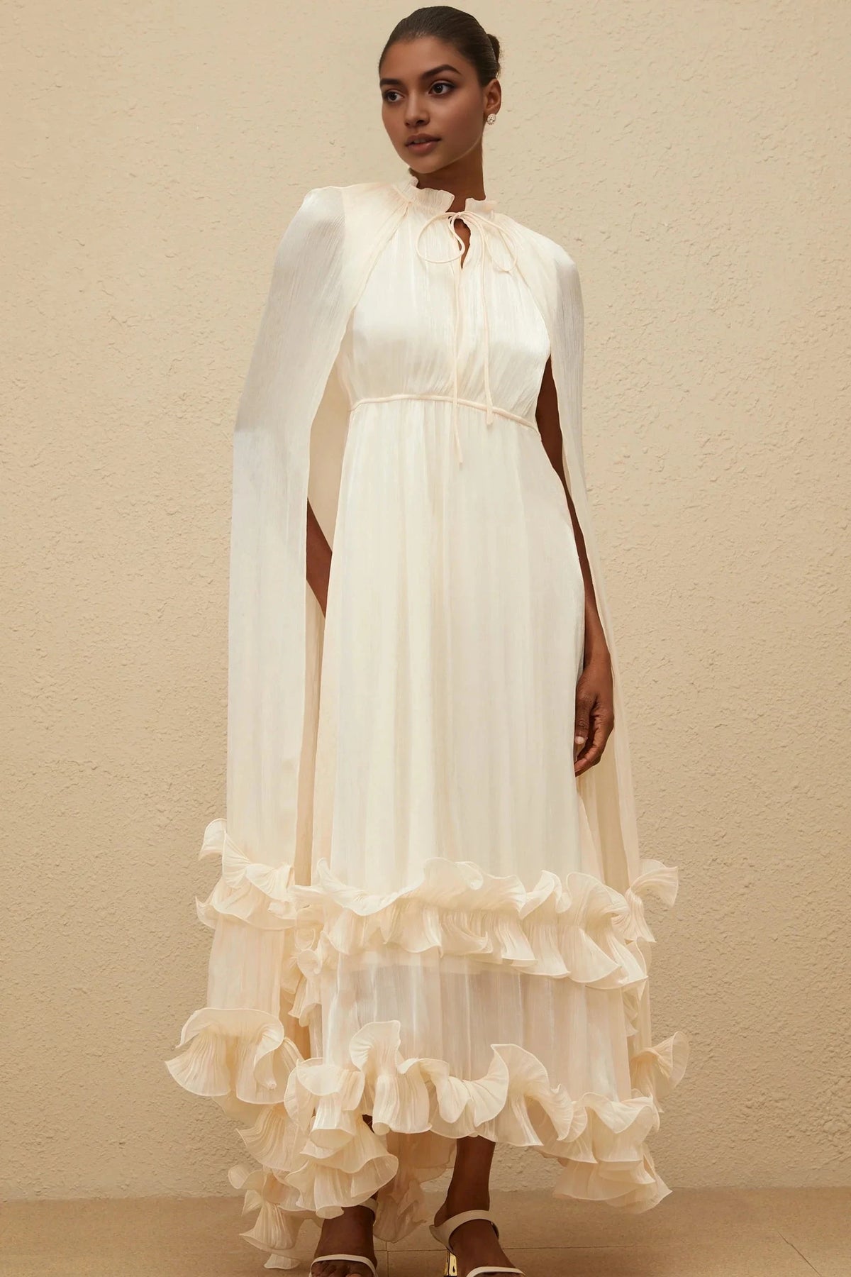 Cream Cape - Sleeve Maxi Dress with Ruffled Hem Intemporelle Neutral Cape Pleated Midi Dress Evening Dress by YiHuiw