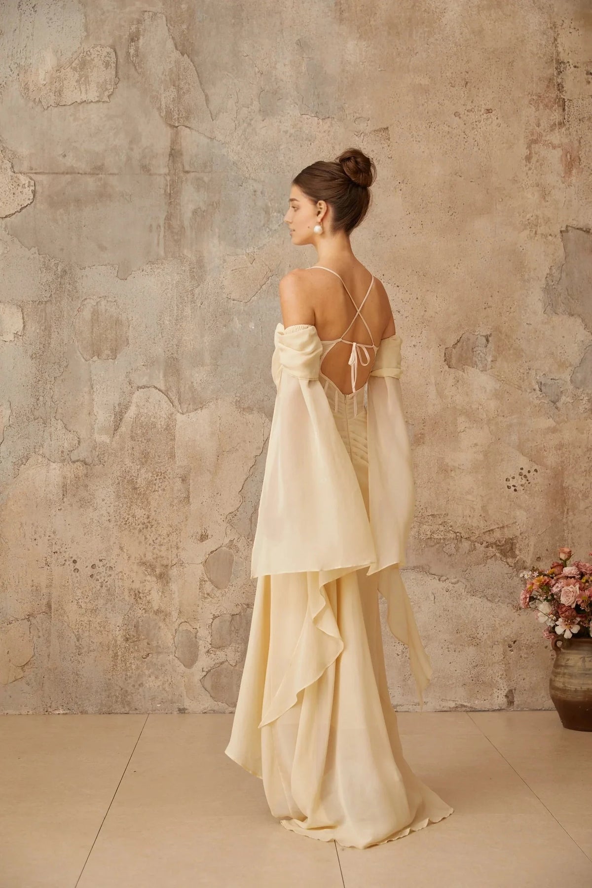 Cream Off - Shoulder Draped Maxi Dress with Cape Sleeves Neutral Ruched Chiffon Maxi Dress Evening Dress by YiHuiw