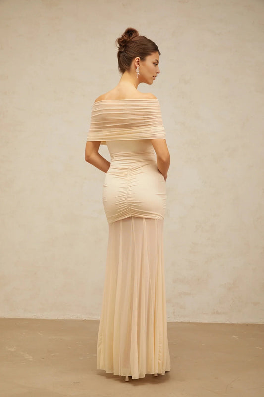 Cream Off - Shoulder Ruched Maxi Dress neutrals tulle-panel smocked maxi dress Evening Dress by YiHuiw
