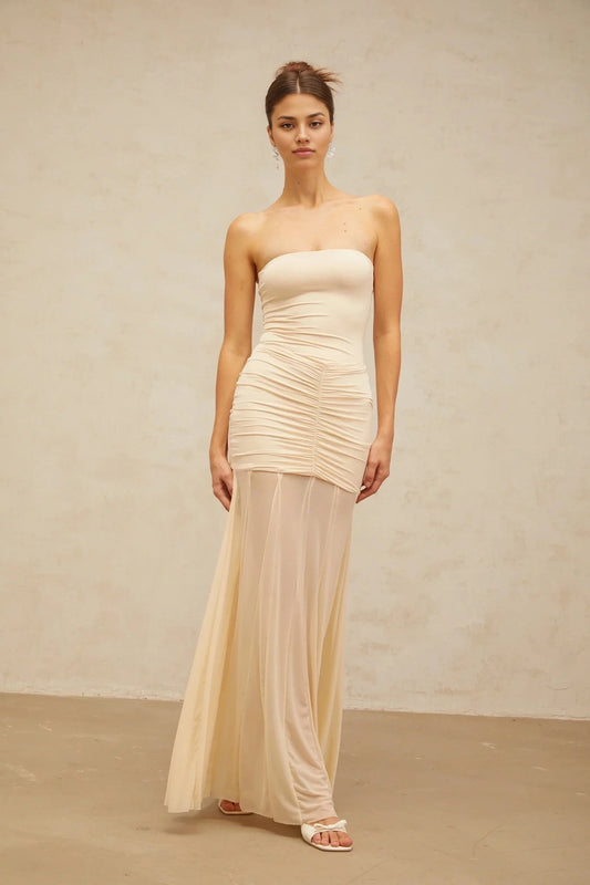 Cream Off - Shoulder Ruched Maxi Dress neutrals tulle-panel smocked maxi dress Evening Dress by YiHuiw