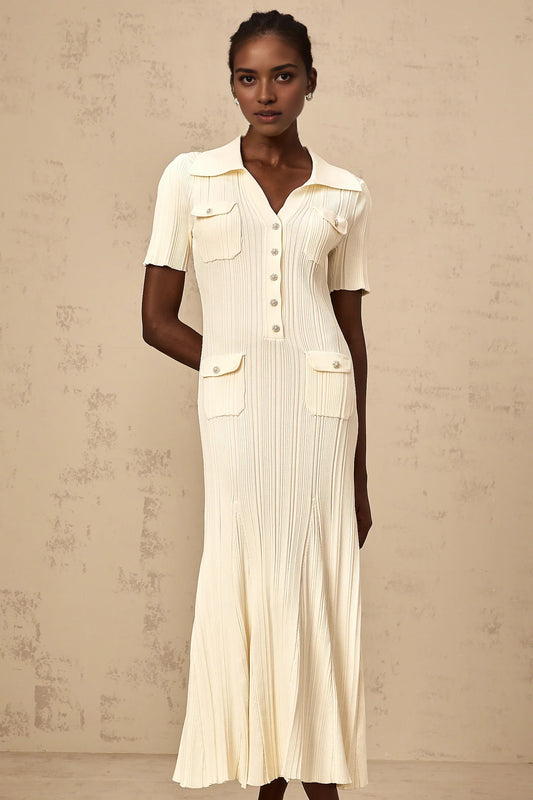 Cream Ribbed Knit Maxi Dress with Collar and Jewel Buttons Nouria neutrals ribbed-knit midi dress Evening Dress