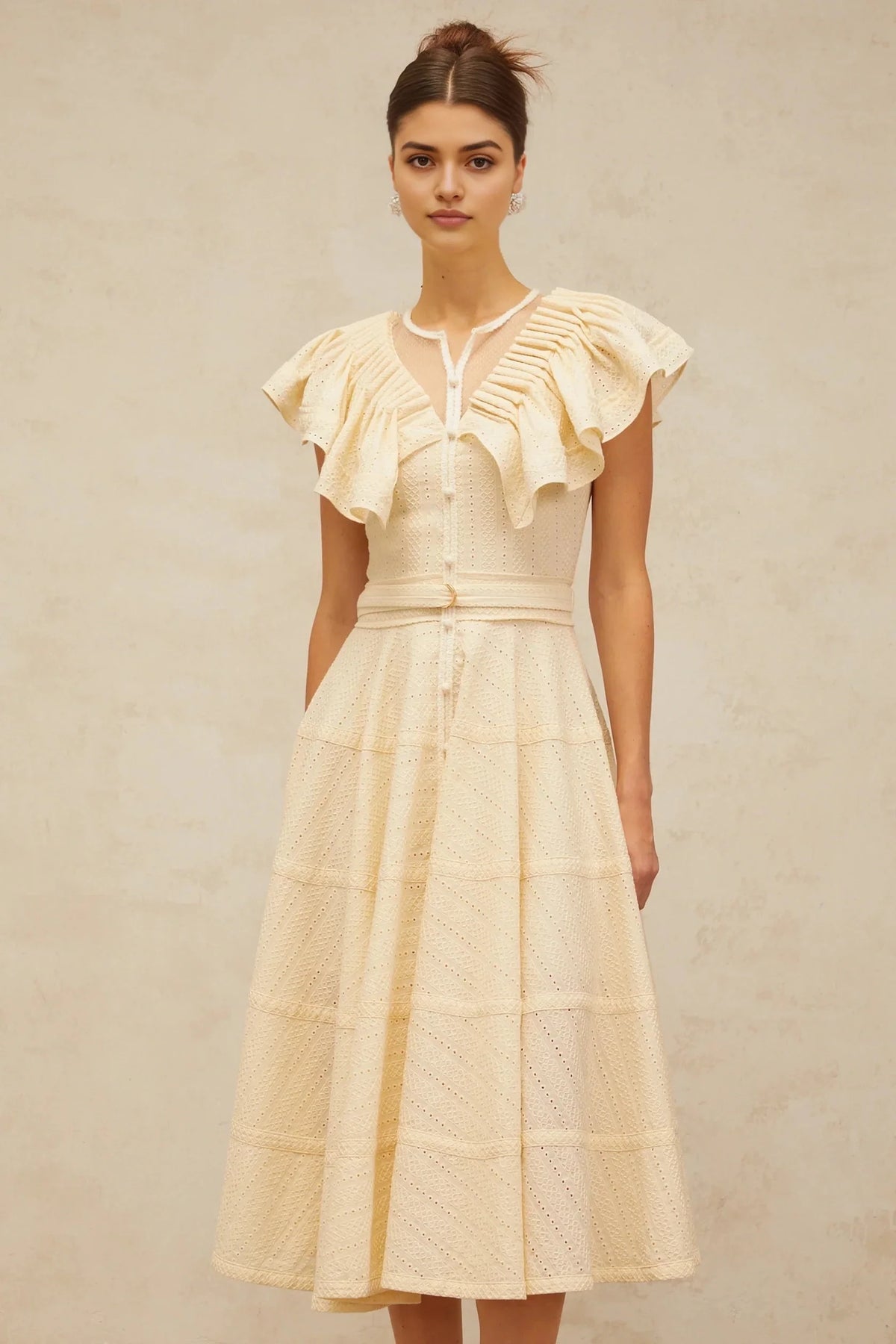 Cream Ruffled Sleeve Midi Dress with Eyelet Detailing neutrals belted pointelle-trim ruffled midi dress Evening Dress by YiHuiw