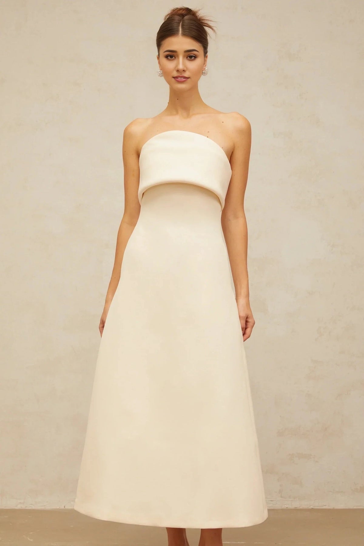 Cream Strapless Structured Midi Dress white folded corset midi dress Evening Dress by YiHuiw