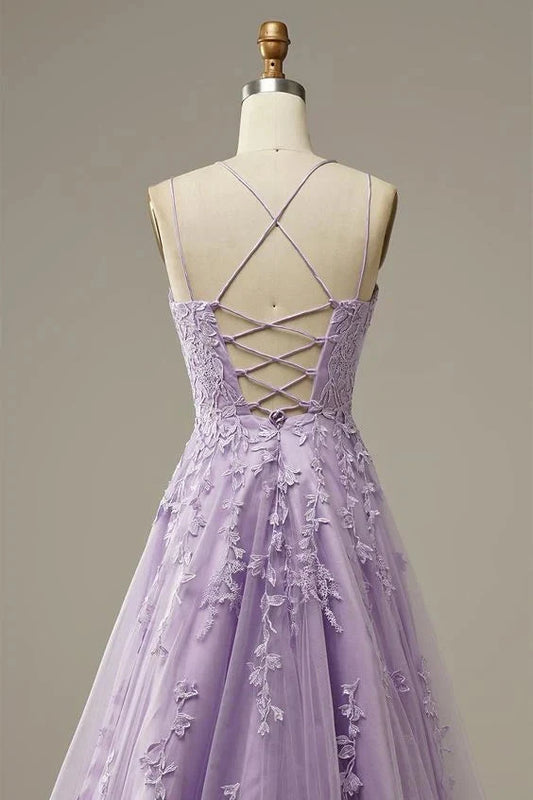 Custom Made Lace Lilac Prom Dresses Long Evening Dress Spaghetti Straps Formal Gown with Train simple gentle atmospheric and unique desi Bring summer colors to enhance whitenes by YiHuiw