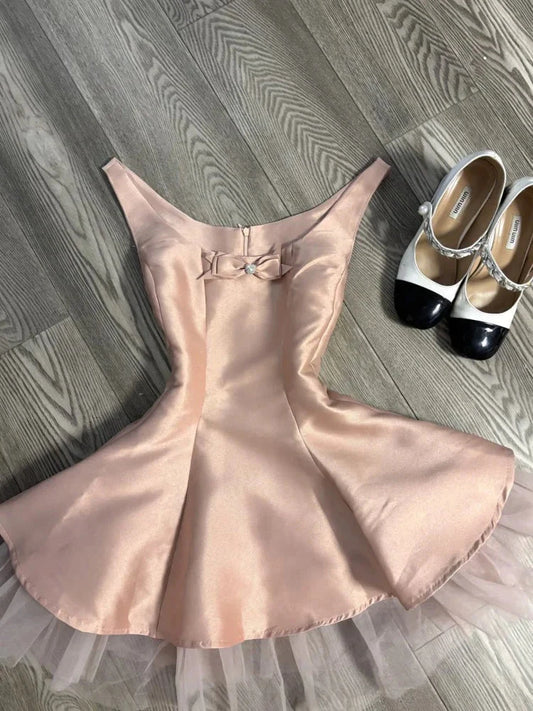 Cute A line Scoop Pink Satin Short Mini Formal 8th Grade Homecoming Dresses Middle School Short Cocktail Dress Hoco Outfits simple gentle atmospheric and unique desi Bring summer colors to enhance whiteness by YiHuiw