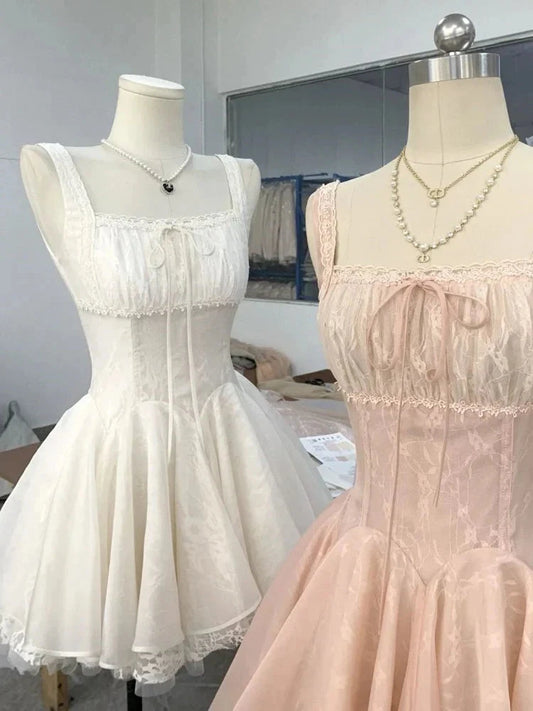 Cute Ball Gown Square Neck Lace Pink Short Mini Formal 8th Grade Homecoming Dresses Middle School Short Cocktail Dress Hoco Outfits simple gentle atmospheric and unique desi Bring summer colors to enhance whiteness by YiHuiw