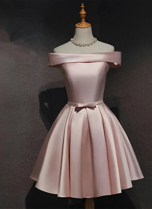 Cute Pink Short Homecoming Dresses A-line Satin Mini Prom Dress simple gentle atmospheric and unique desi Bring summer colors to enhance whiteness by YiHuiw
