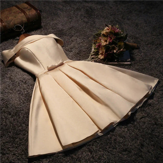 Cute Short Champagne Satin Party Dress Off Shoulder Prom Dresses simple gentle atmospheric and unique desi Bring summer colors to enhance whiteness by YiHuiw