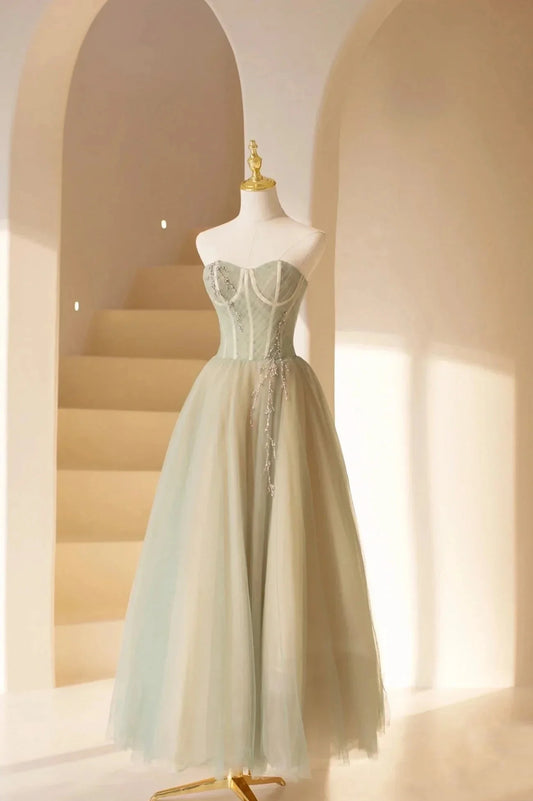 Cute Tulle Tea Length Prom Dress Green A-Line Strapless Evening Party Dress simple gentle atmospheric and unique desi Bring summer colors to enhance whitenes by YiHuiw