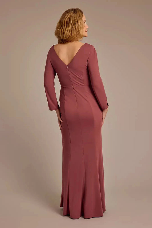 Refined Sheath V Neck Long Sleeve Ruched Back Floor Length Mother of the Bride Dress by YiHuiw