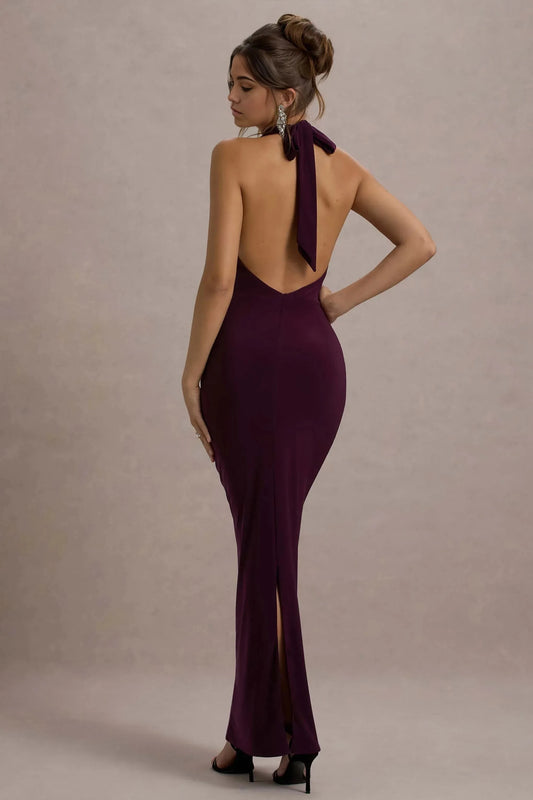 Daring Mermaid Cowl Halter Neck Sleeveless Open Back Floor Length Prom Dress by YiHuiw