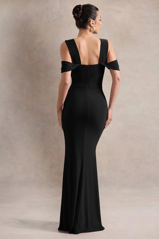Daring Mermaid Cowl Neck Off Shoulder Ruched High Slit Floor Length Prom Dress by YiHuiw