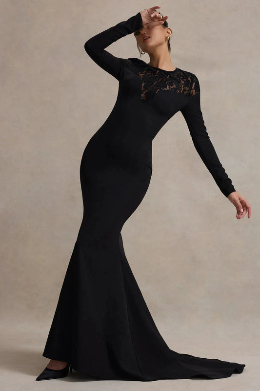 Daring Mermaid Crew Neck Long Sleeve Lace Accent Keyhole Back Floor Length Prom Dress by YiHuiw