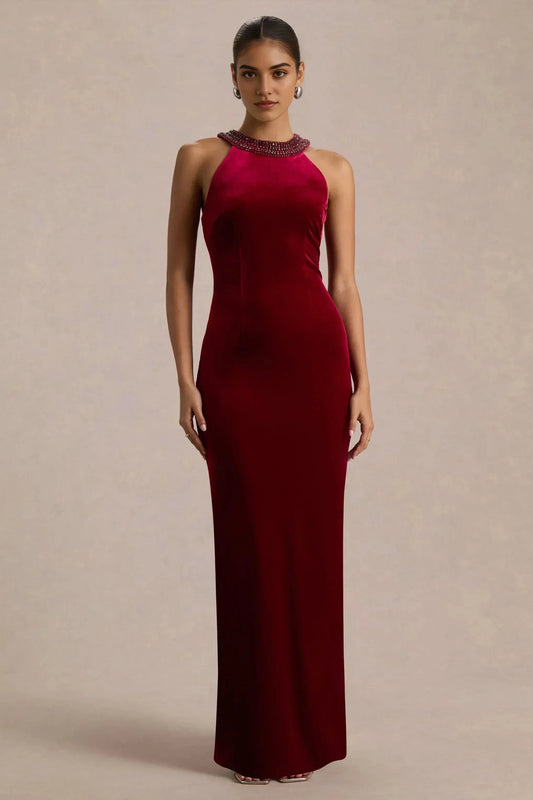 Daring Mermaid Halter Neck Beaded Accent Sleeveless Floor Length Prom Dress by YiHuiw