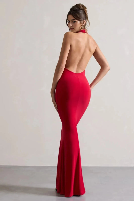 Daring Mermaid Halter Neck Cowl Front Sleeveless Open Back Floor Length Prom Dress by YiHuiw