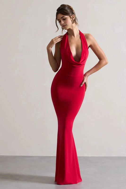 Daring Mermaid Halter Neck Cowl Front Sleeveless Open Back Floor Length Prom Dress by YiHuiw