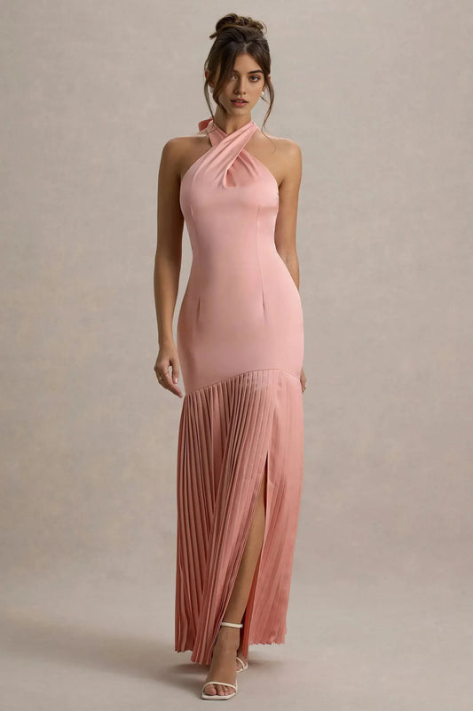 Daring Mermaid Halter Neck Crossed Accent Sleeveless Pleated Skirt Floor Length Prom Dress by YiHuiw