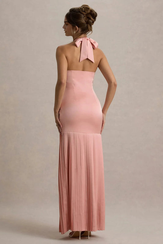 Daring Mermaid Halter Neck Crossed Accent Sleeveless Pleated Skirt Floor Length Prom Dress by YiHuiw