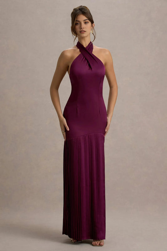 Daring Mermaid Halter Neck Sleeveless Pleated Hem Floor Length Prom Dress by YiHuiw