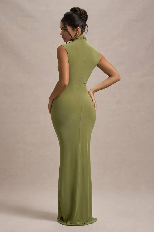 Daring Mermaid High Neck Sleeveless Ruched High Slit Floor Length Prom Dress by YiHuiw