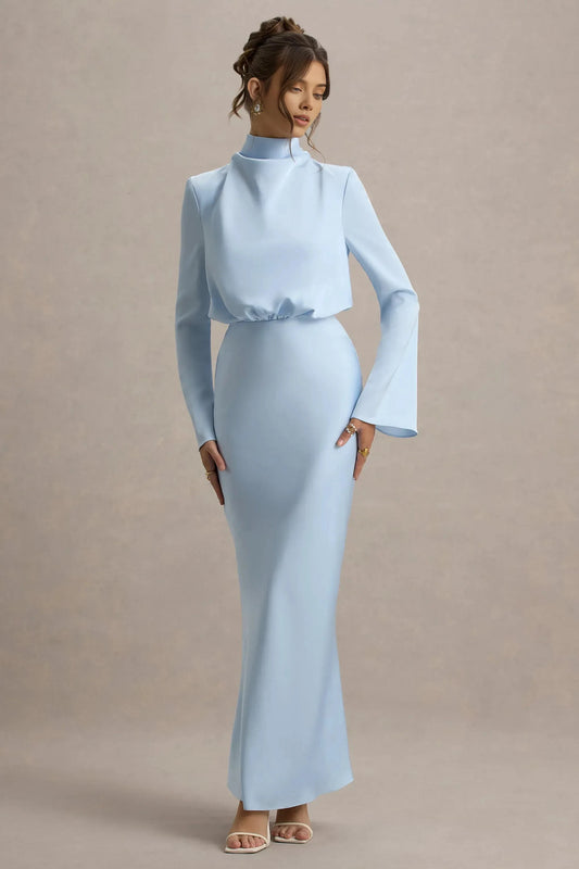 Daring Mermaid Mock Neck Bell Sleeve Tie Back Floor Length Prom Dress by YiHuiw