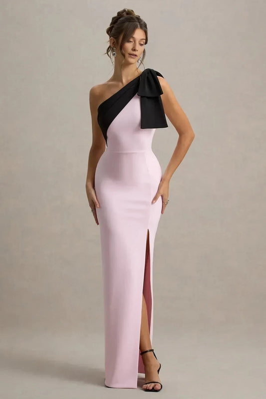 Daring Mermaid One Shoulder Bow Accent Sleeveless High Slit Floor Length Prom Dress by YiHuiw