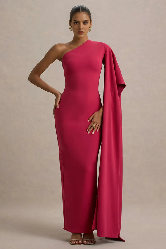 Daring Mermaid One Shoulder Draped Cape Sleeve High Slit Floor Length Prom Dress by YiHuiw