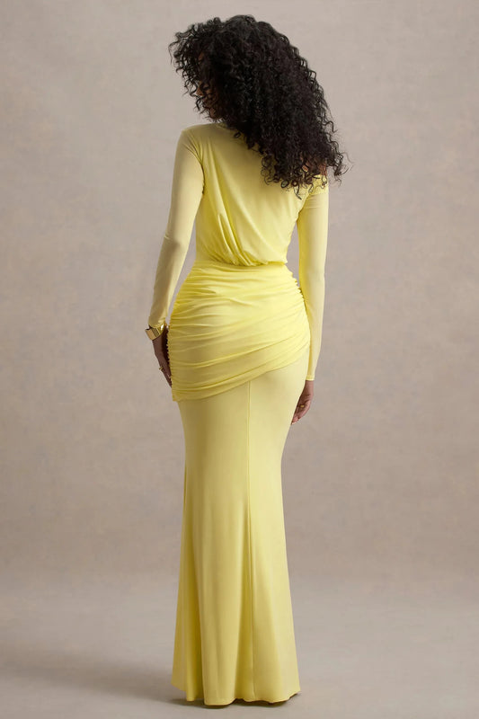 Daring Mermaid One Shoulder Long Sleeve Ruched Asymmetrical Floor Length Prom Dress by YiHuiw