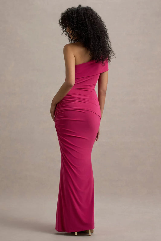 Daring Mermaid One Shoulder Ruched Accent Sleeveless High Slit Floor Length Prom Dress by YiHuiw