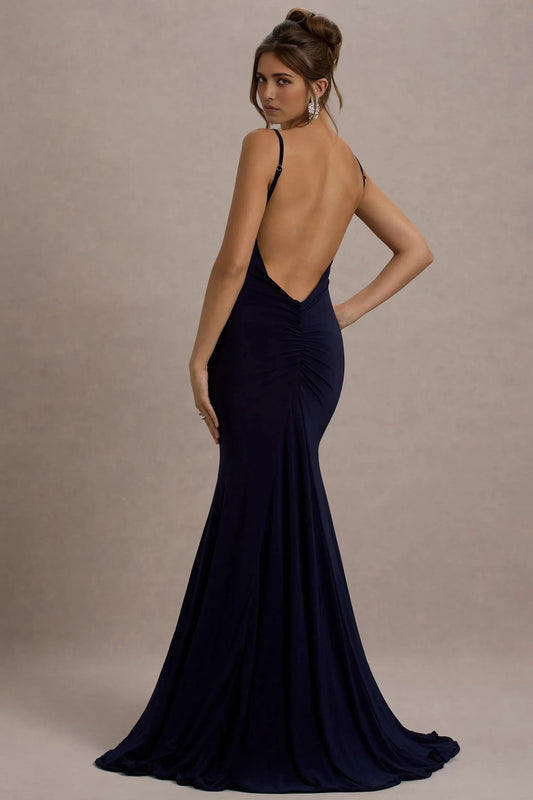 Daring Mermaid Square Neck Sleeveless Ruched Open Back Floor Length Prom Dress by YiHuiw